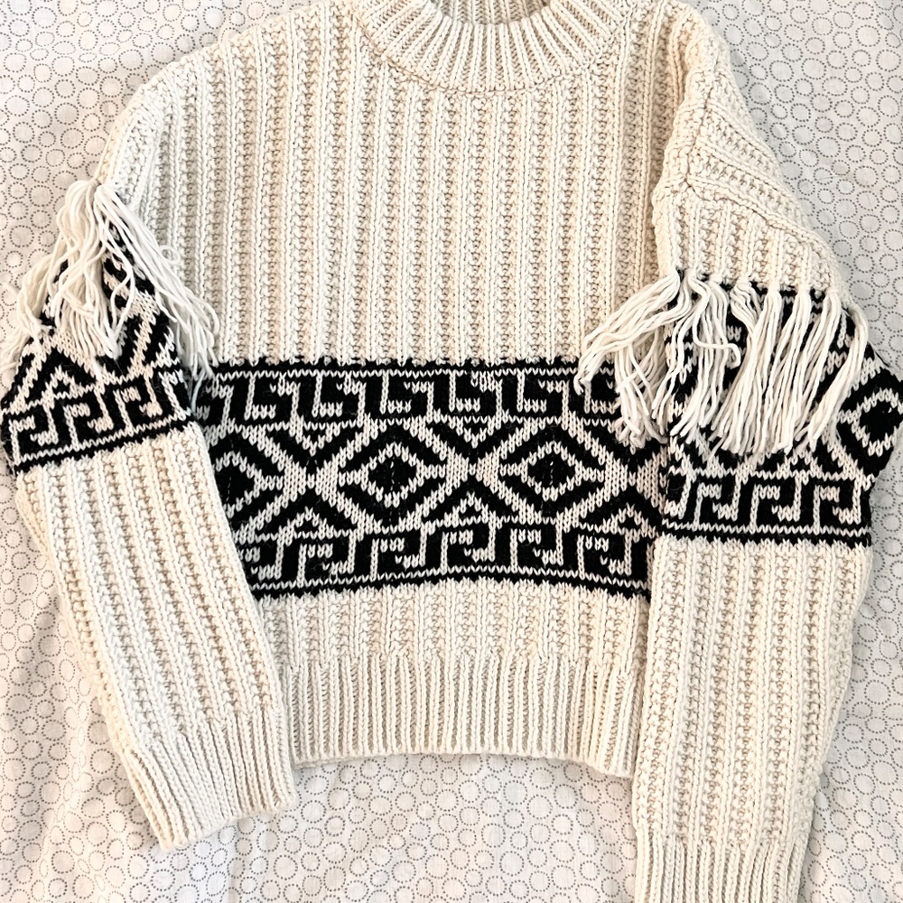 H&M Cream and Black Knit Sweater with Fringe Sleeves